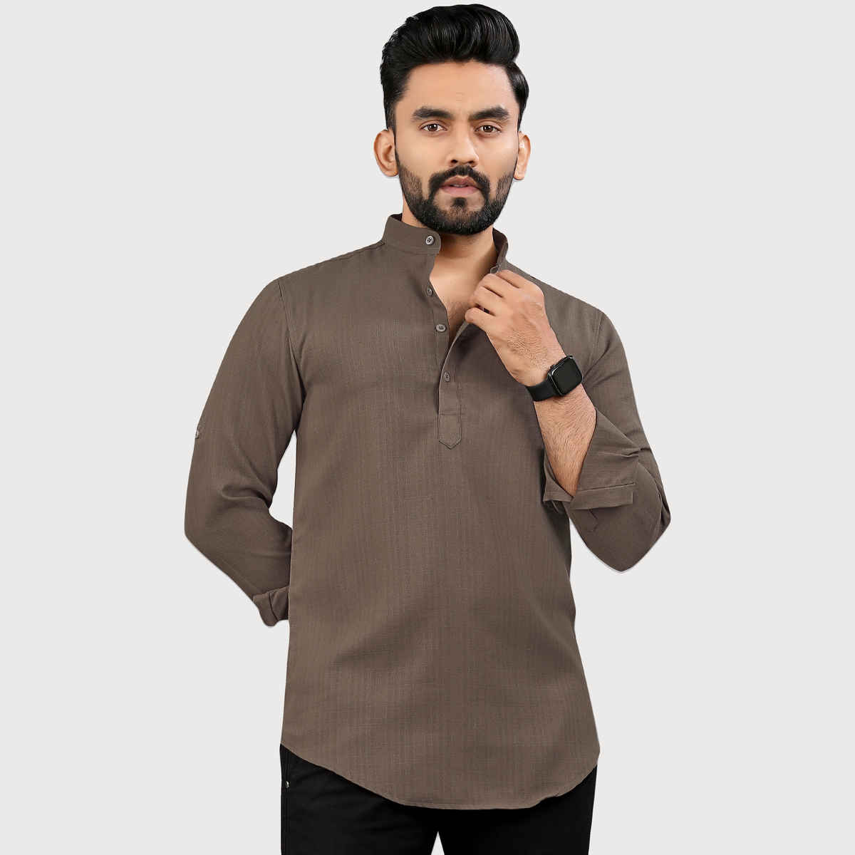 Allan Peter Men's Plain Short Kurta - Brown | XXL