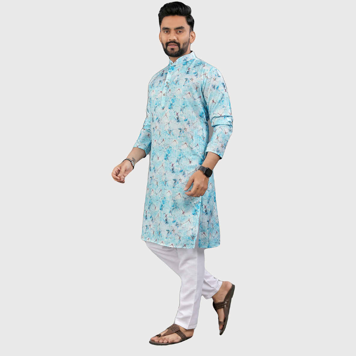 Allan Peter Men's Print Long Kurta - Blue | L