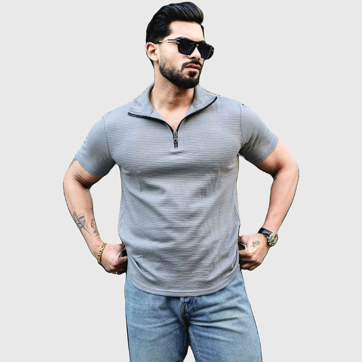 Gritstones Men s Grey Self Design Zipper T-shirt | L