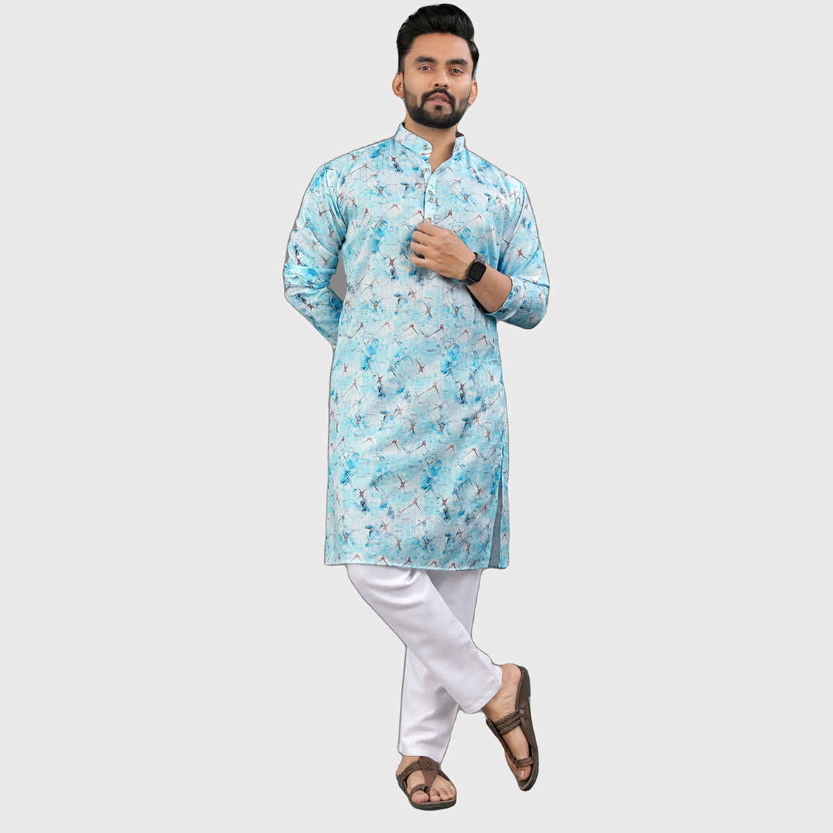 Allan Peter Men's Print Long Kurta - Blue | L