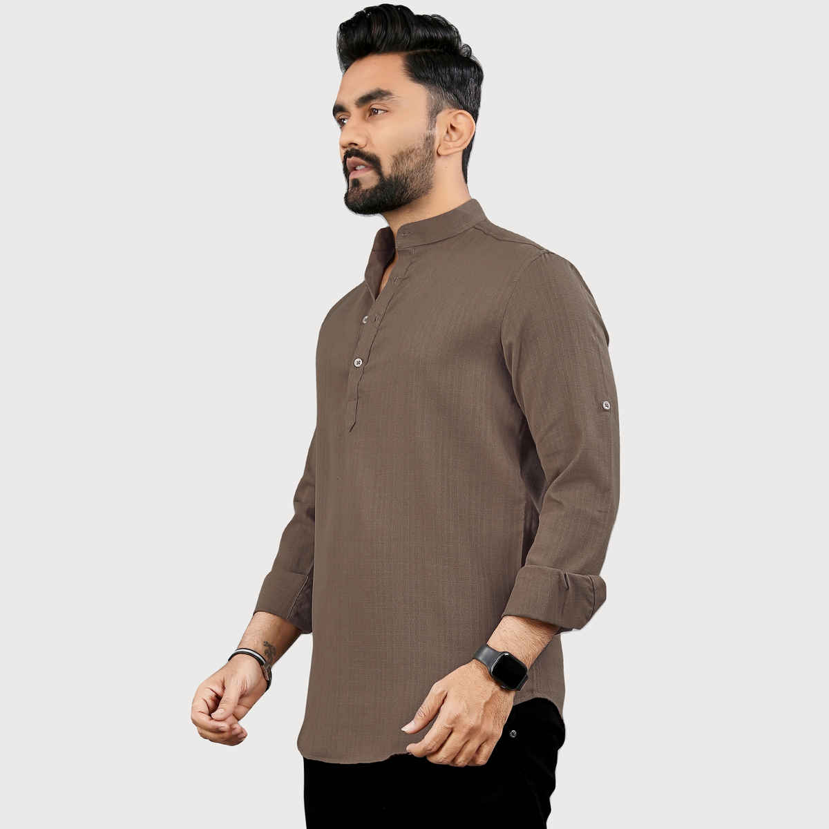 Allan Peter Men's Plain Short Kurta - Brown | XXL