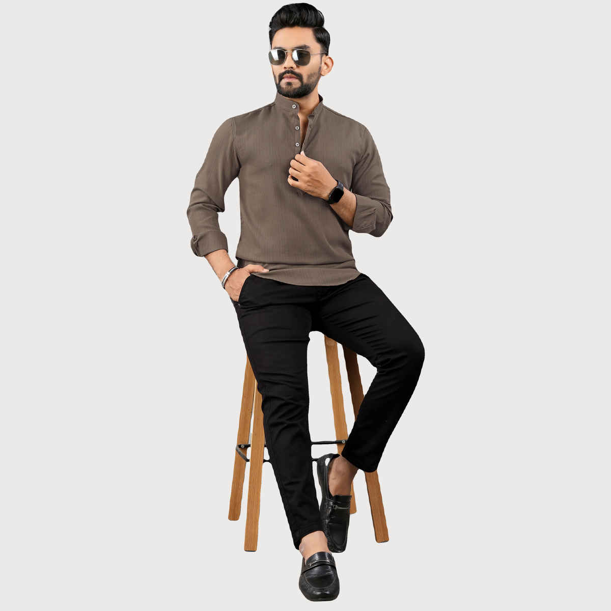 Allan Peter Men's Plain Short Kurta - Brown | XXL