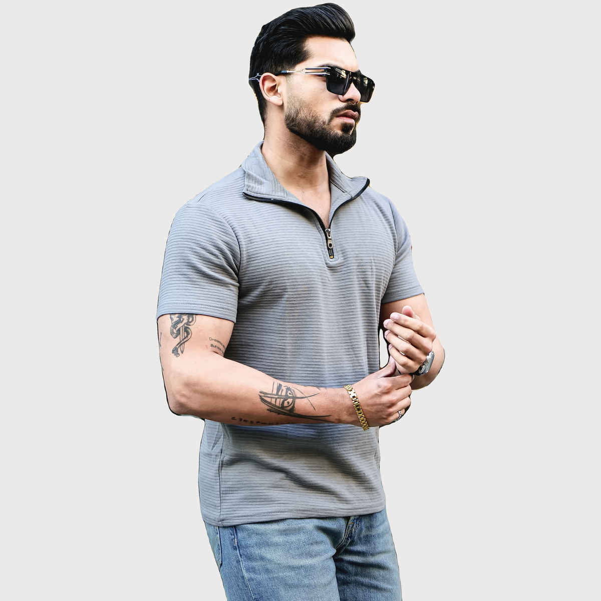 Gritstones Men s Grey Self Design Zipper T-shirt | L