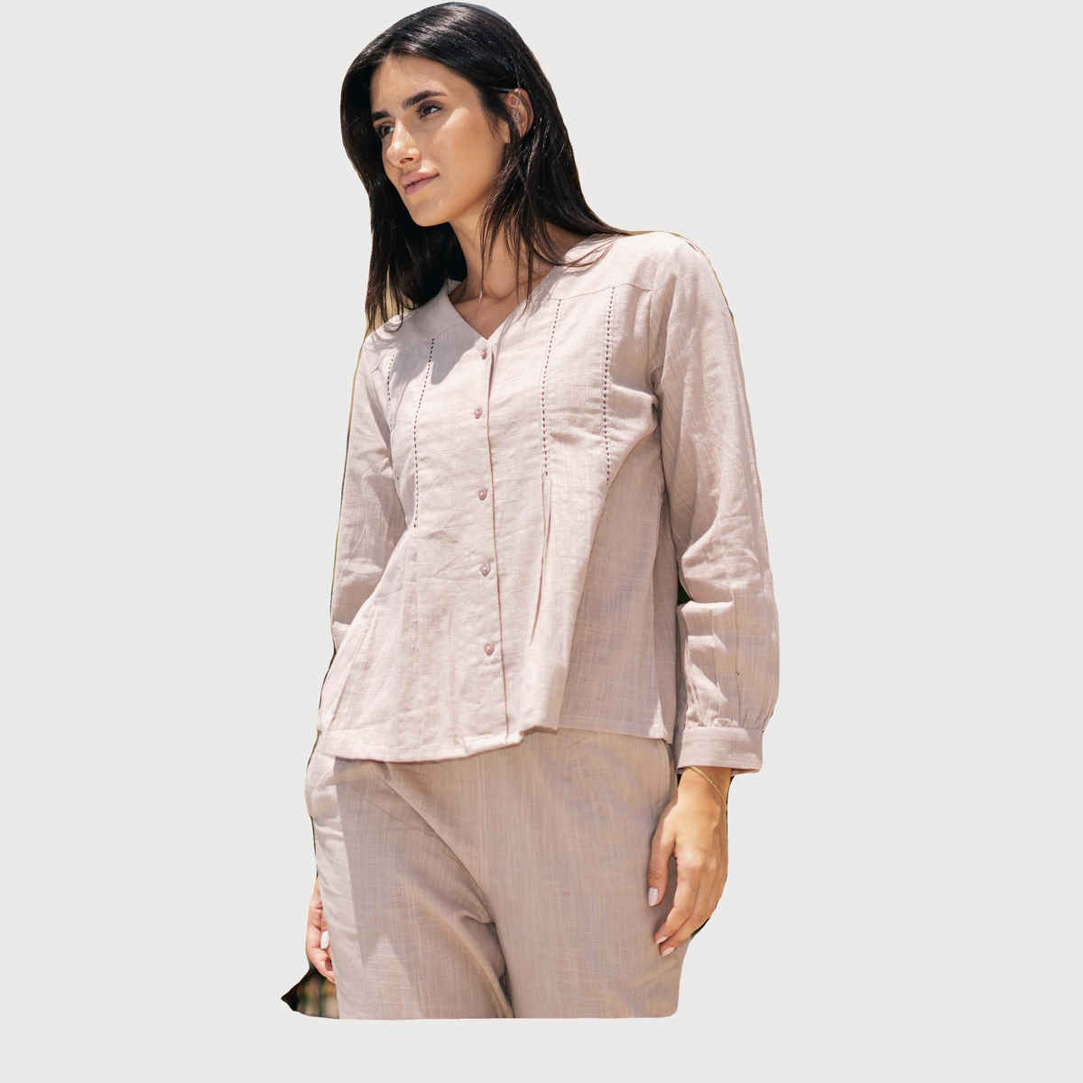 Sanskrutihomes V-Neck Pure Cotton Night Suit | Light Pink | L