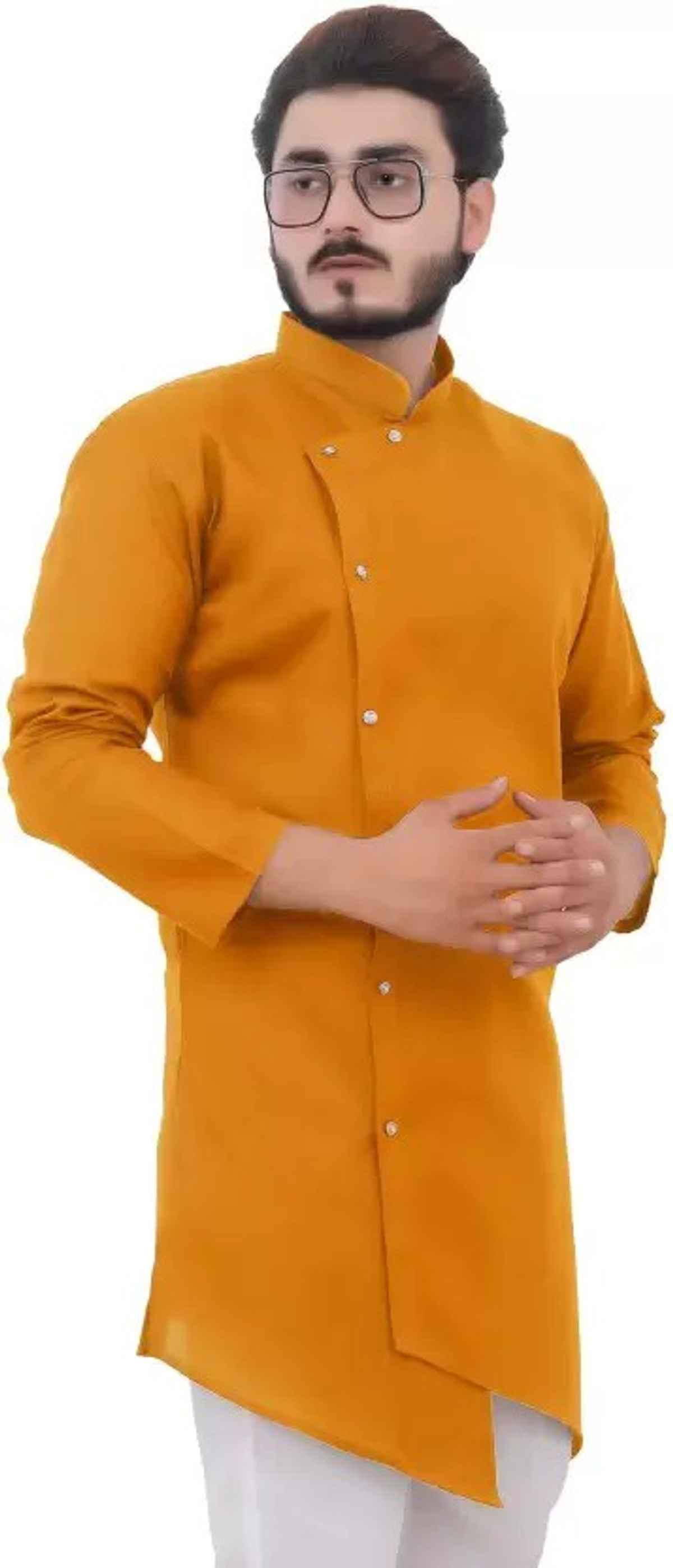 Tibra Collection Men Asymmetric Kurta - Mustard | Solid | Cotton Blend | XXL