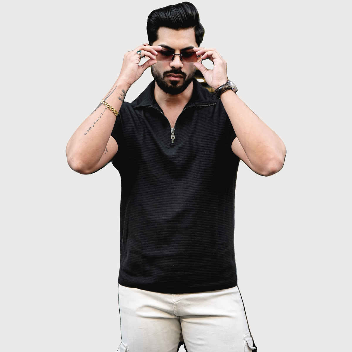 Gritstones Men s Black Self Design Zipper T-shirt | M