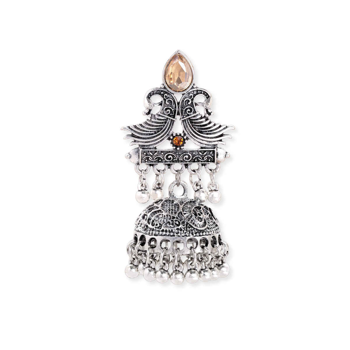 Rubans Oxidised Silver Plated Orange & Yellow Stone Studded Ghungroo Beaded Jhumka