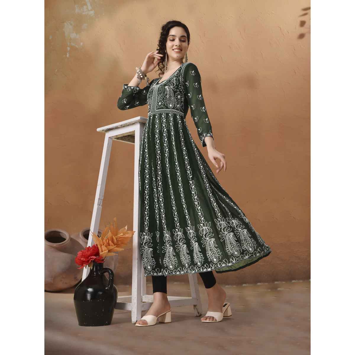 Youthnic Georgette Chikankari Embroidery Anarkali Kurta | B19 - Apsara Bottle Green | XL