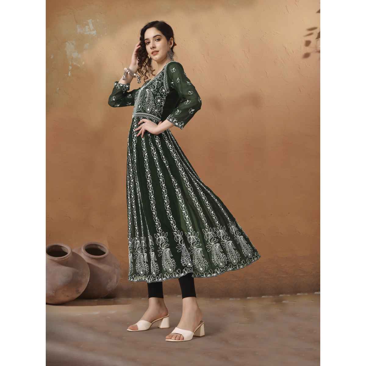 Youthnic Georgette Chikankari Embroidery Anarkali Kurta | B19 - Apsara Bottle Green | XL