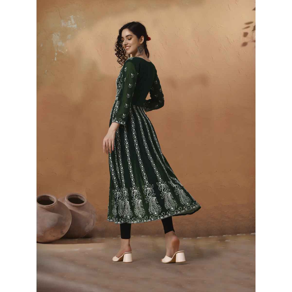 Youthnic Georgette Chikankari Embroidery Anarkali Kurta | B19 - Apsara Bottle Green | XL