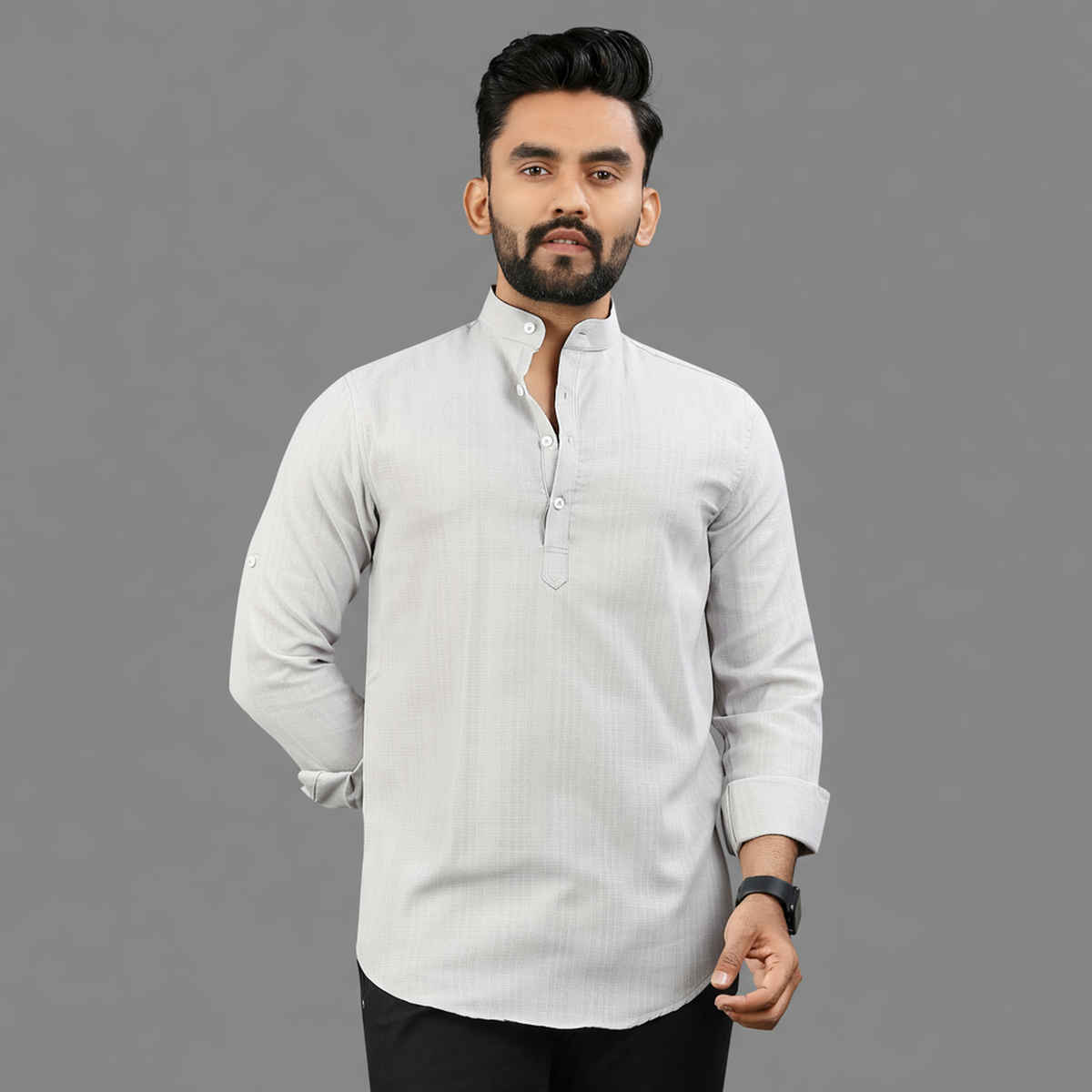 Allan Peter Men's Plain Short Kurta - Grey | L