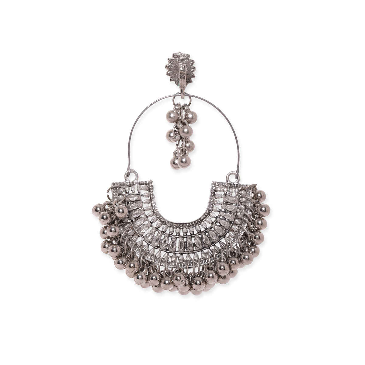 Rubans Oxidised Silver-Plated Ghungroo Beaded Crescent Shaped Traditional Chandbali Earrings