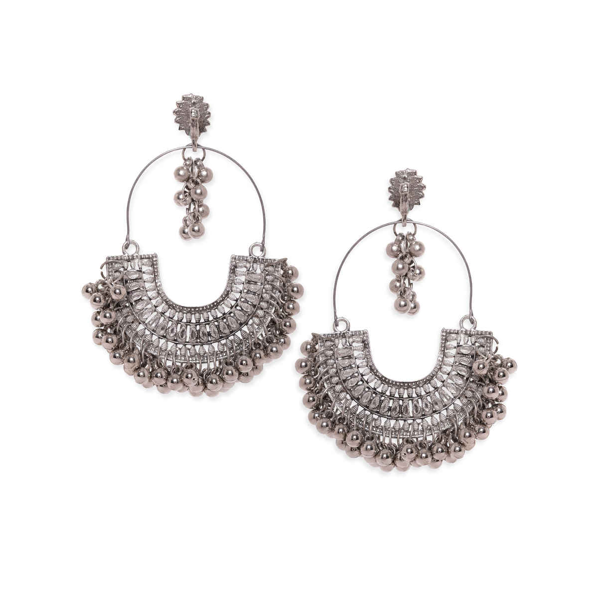Rubans Oxidised Silver-Plated Ghungroo Beaded Crescent Shaped Traditional Chandbali Earrings