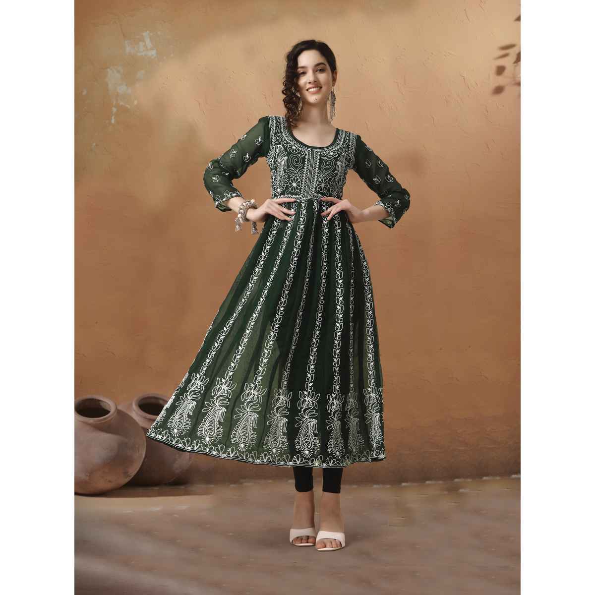 Youthnic Georgette Chikankari Embroidery Anarkali Kurta | B19 - Apsara Bottle Green | L