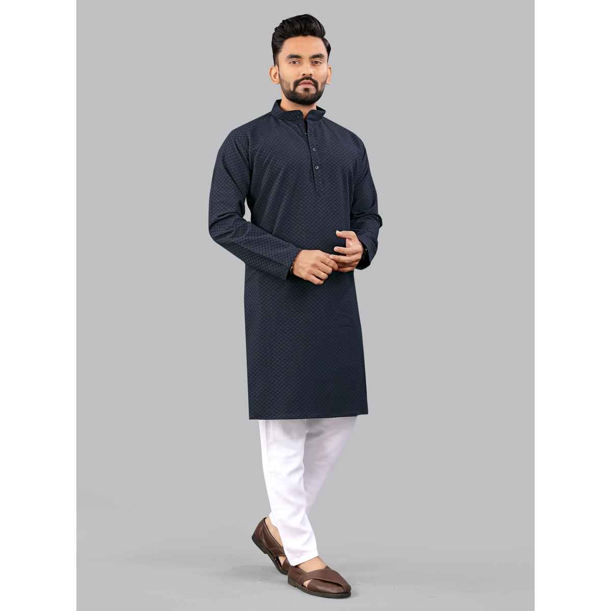 Allan Peter Men's Embroidery Long Kurta - Navy Blue | L