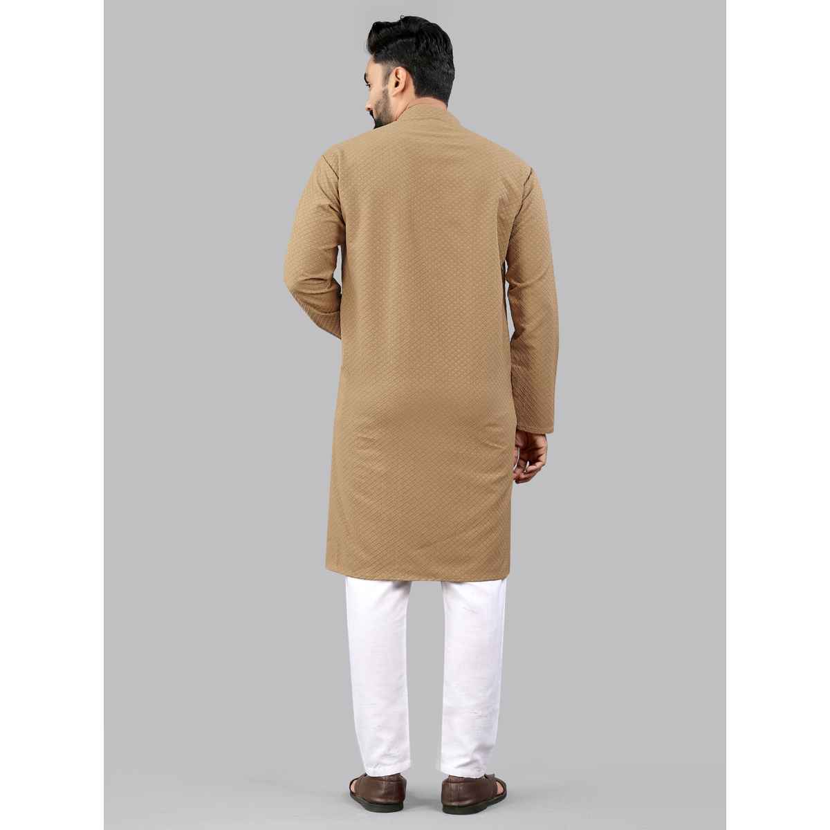 Allan Peter Men's Embroidery Long Kurta - Beige | XL
