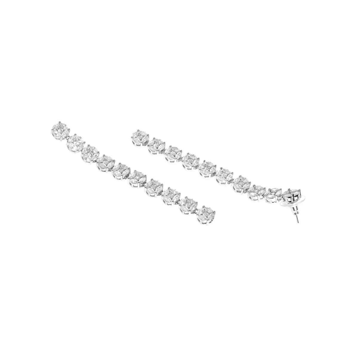 Rubans Rhodium Plated Silver Toned Cubic Zirconia Studded Contemporary Long Drop Earrings