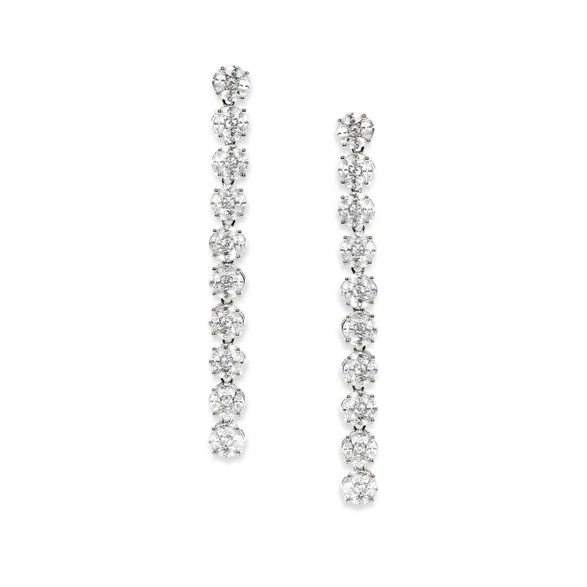 Rubans Rhodium Plated Silver Toned Cubic Zirconia Studded Contemporary Long Drop Earrings