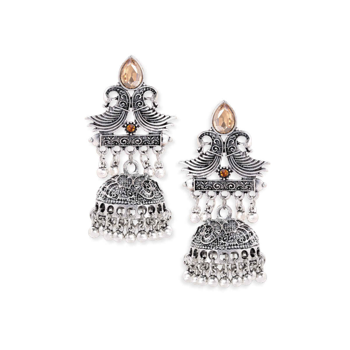 Rubans Oxidised Silver Plated Orange & Yellow Stone Studded Ghungroo Beaded Jhumka