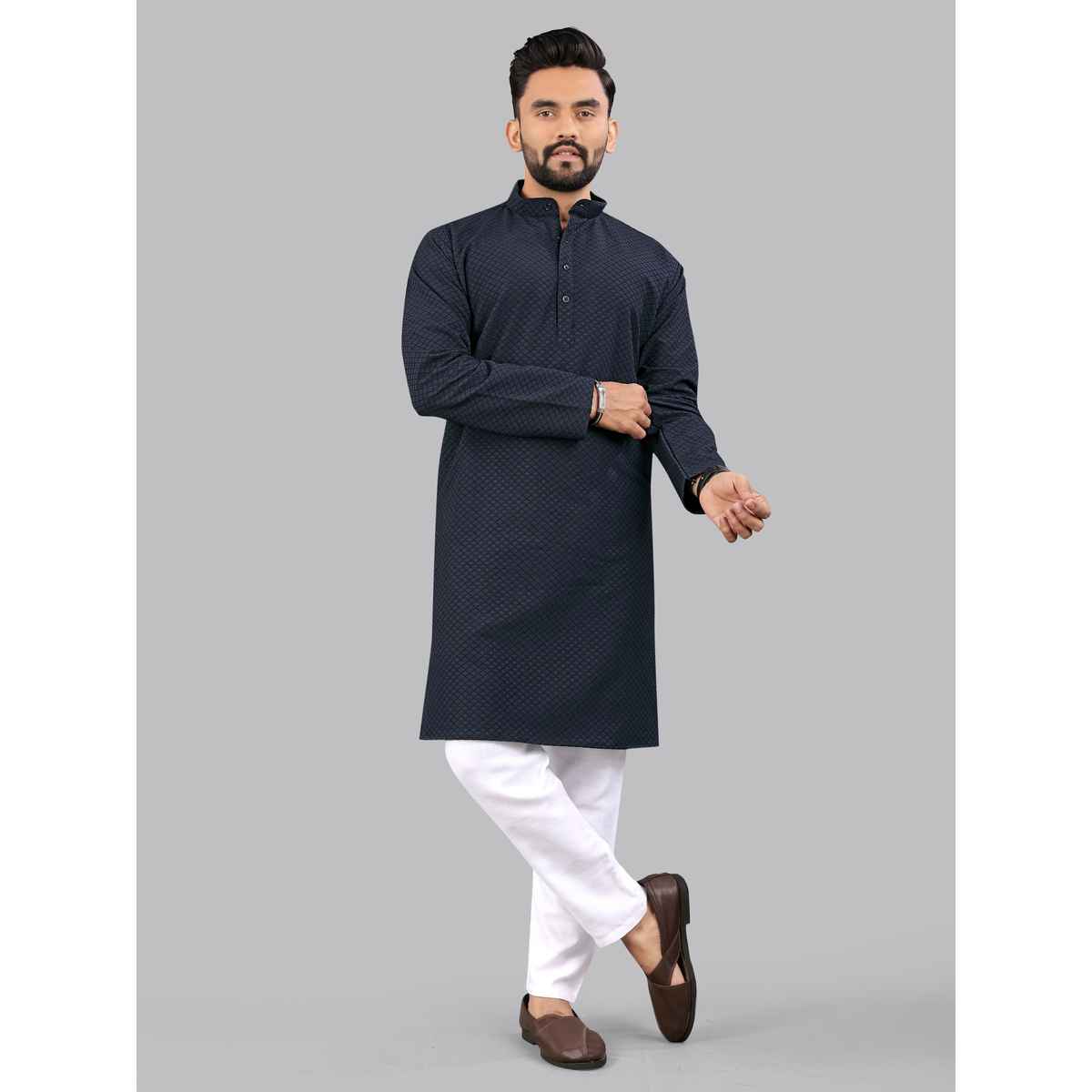 Allan Peter Men's Embroidery Long Kurta - Navy Blue | L