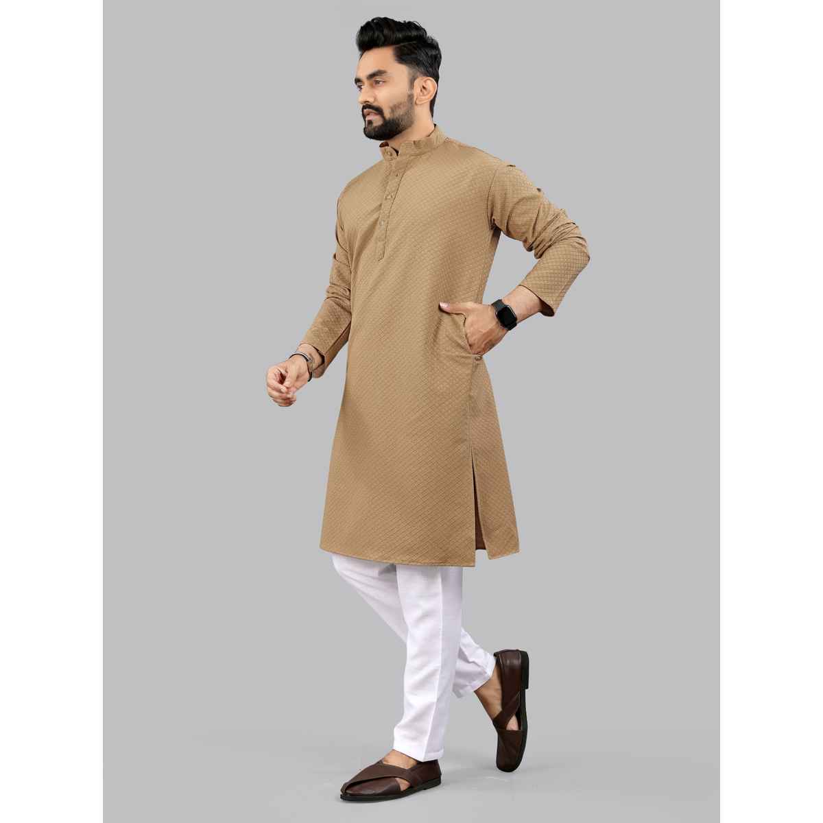 Allan Peter Men's Embroidery Long Kurta - Beige | XL
