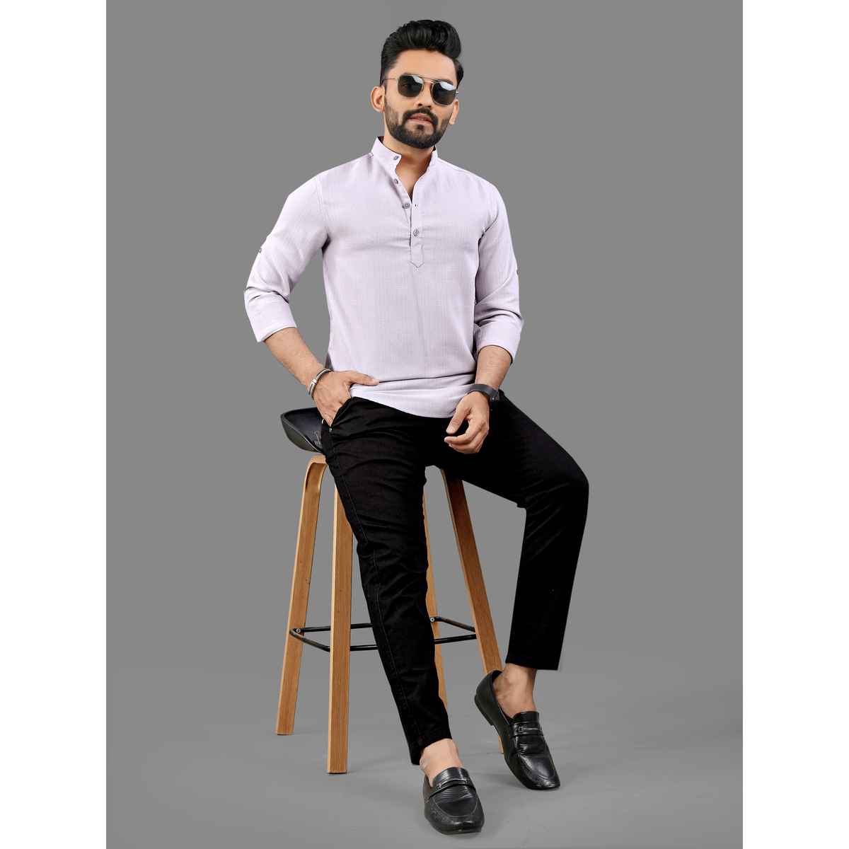 Allan Peter Men's Plain Short Kurta - Violet | XXL