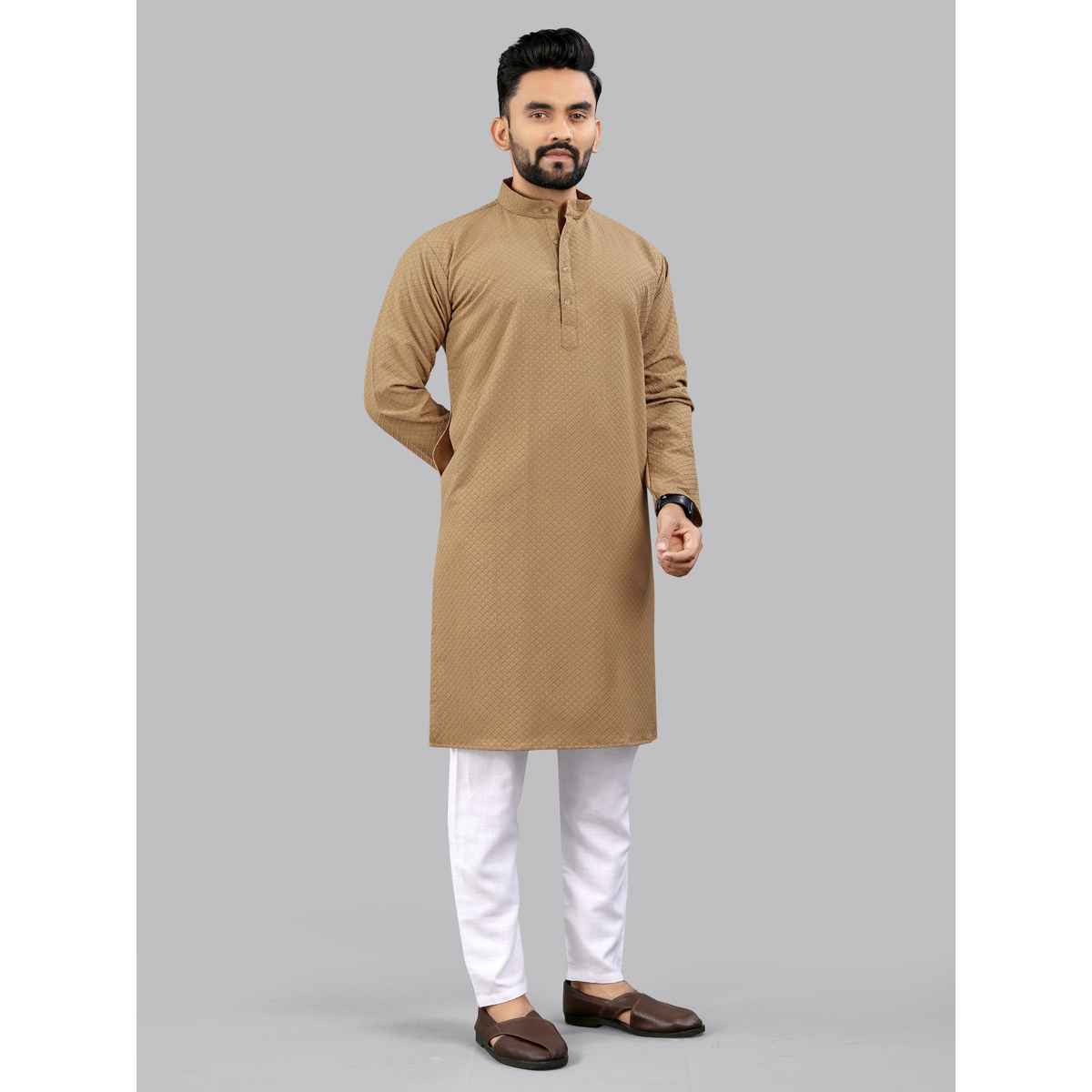 Allan Peter Men's Embroidery Long Kurta - Beige | XL