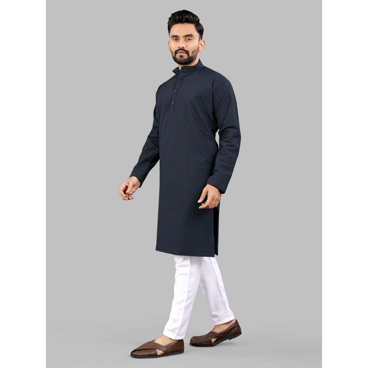 Allan Peter Men's Embroidery Long Kurta - Navy Blue | L