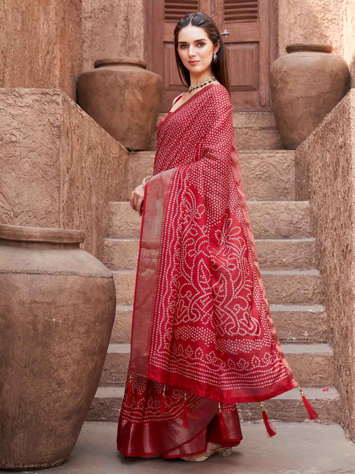 Tikhi Imli Ready To Wear Cotton Blend Daily Wear Saree with Unstitched Blouse | Red