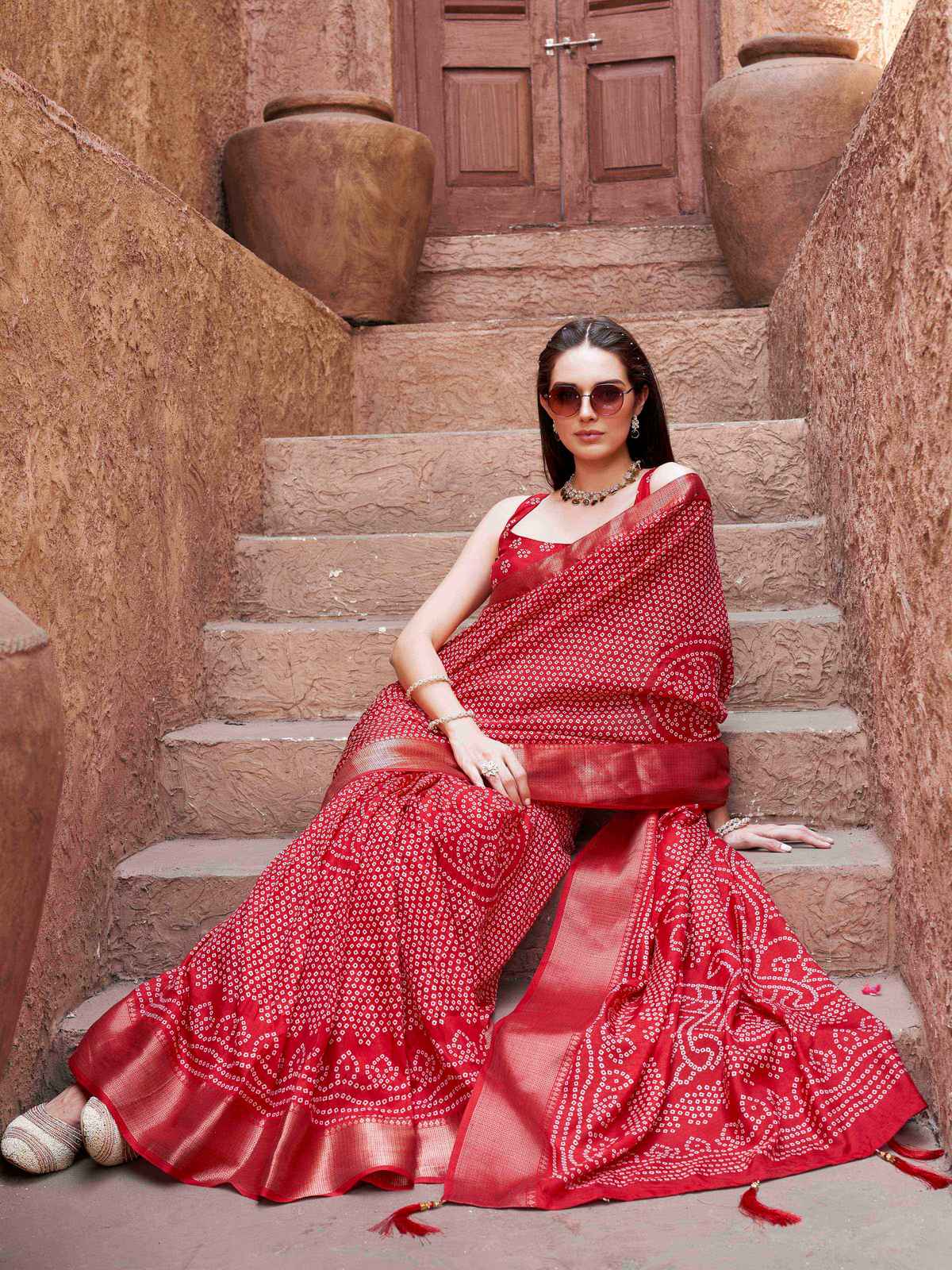 Tikhi Imli Ready To Wear Cotton Blend Daily Wear Saree with Unstitched Blouse | Red