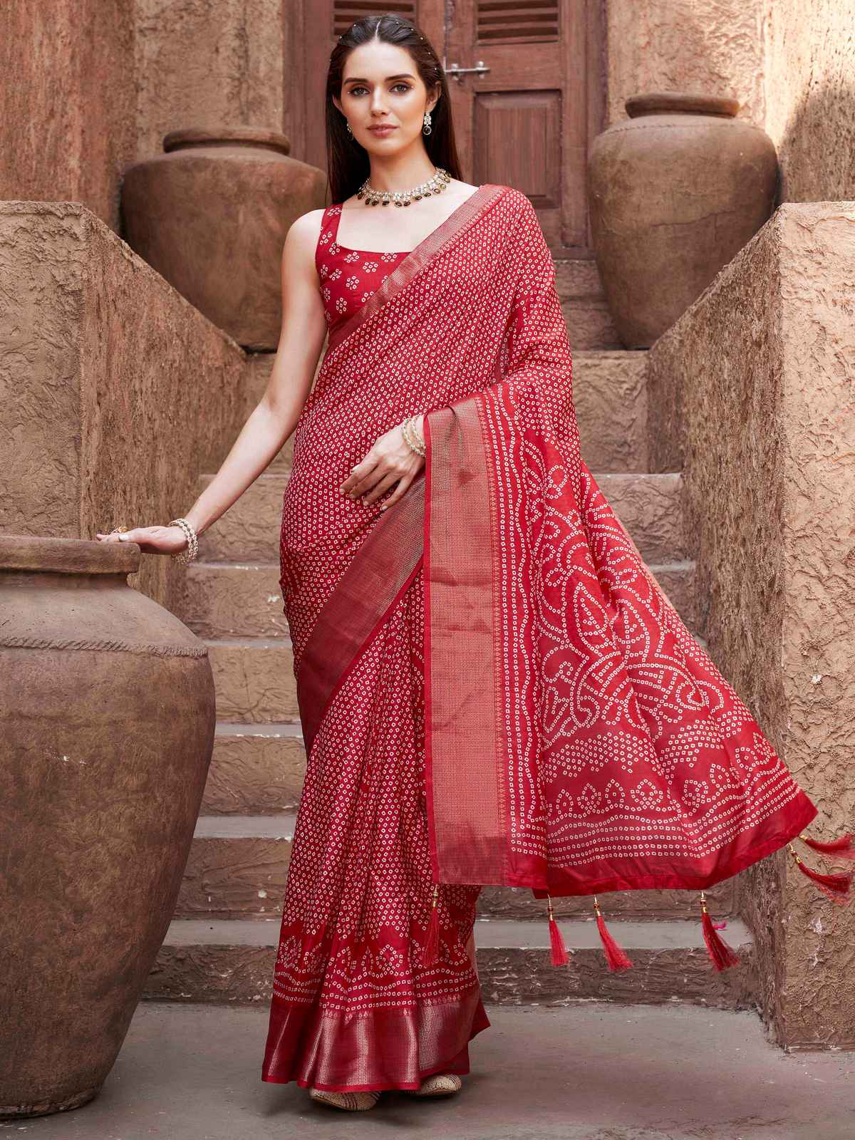 Tikhi Imli Ready To Wear Cotton Blend Daily Wear Saree with Unstitched Blouse | Red