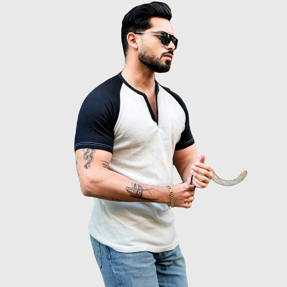 Gritstones Men s Waffle Colorblock Raglan Half sleeve T-shirt | XL