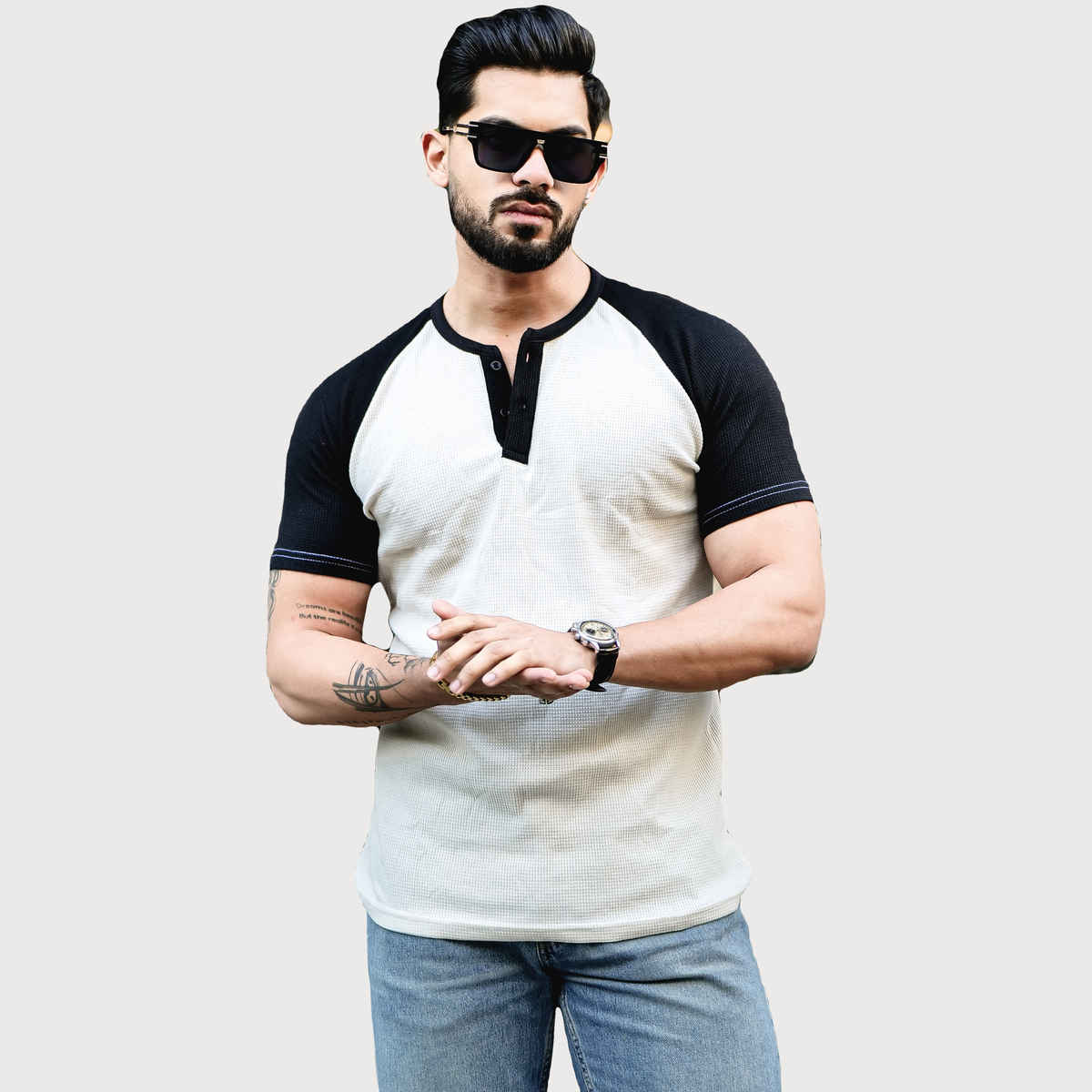 Gritstones Men s Waffle Colorblock Raglan Half sleeve T-shirt | XL