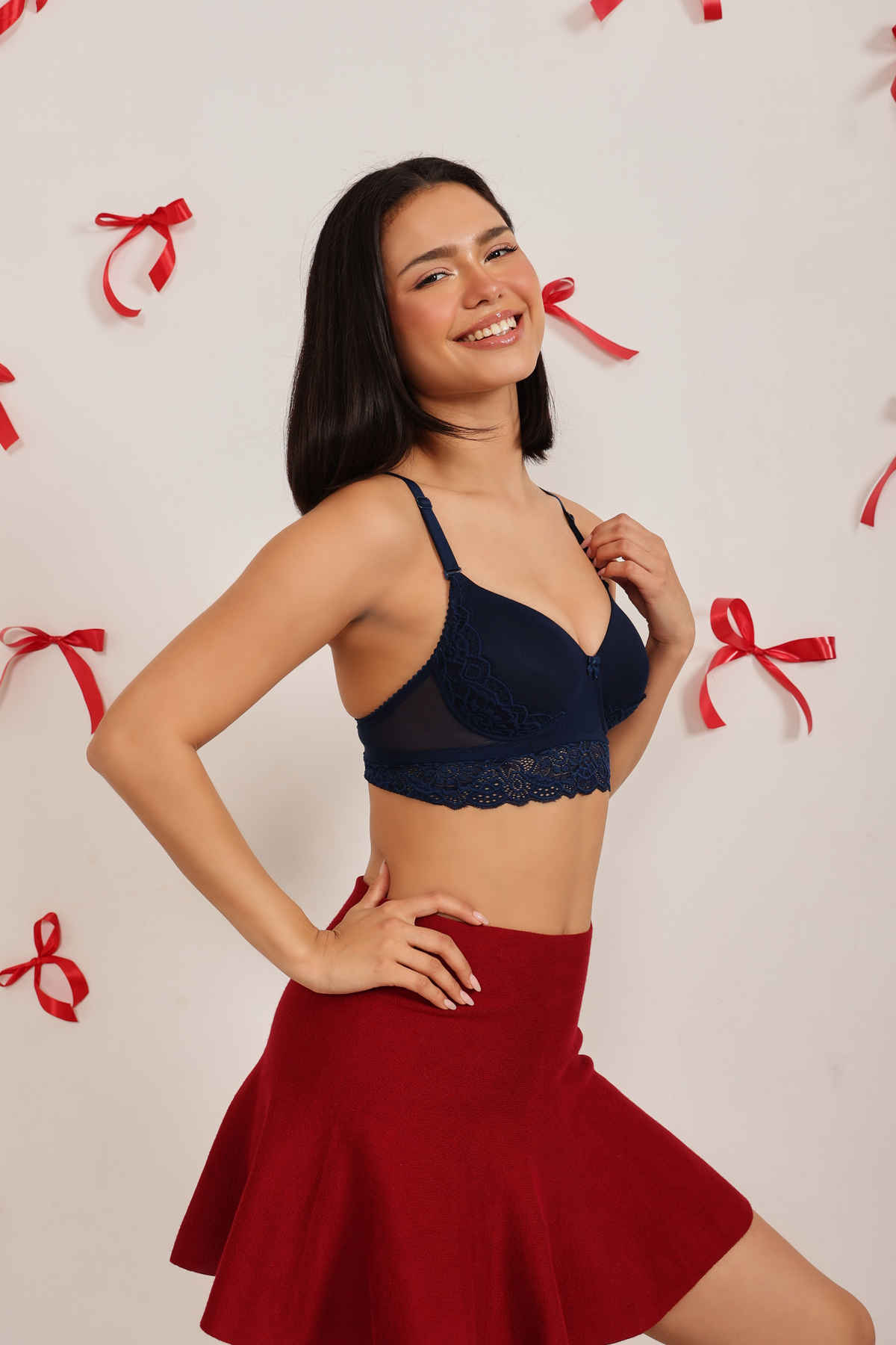 Clovia Padded Non-Wired Full Cup Bralette in | Dark Blue | Lace - 34B