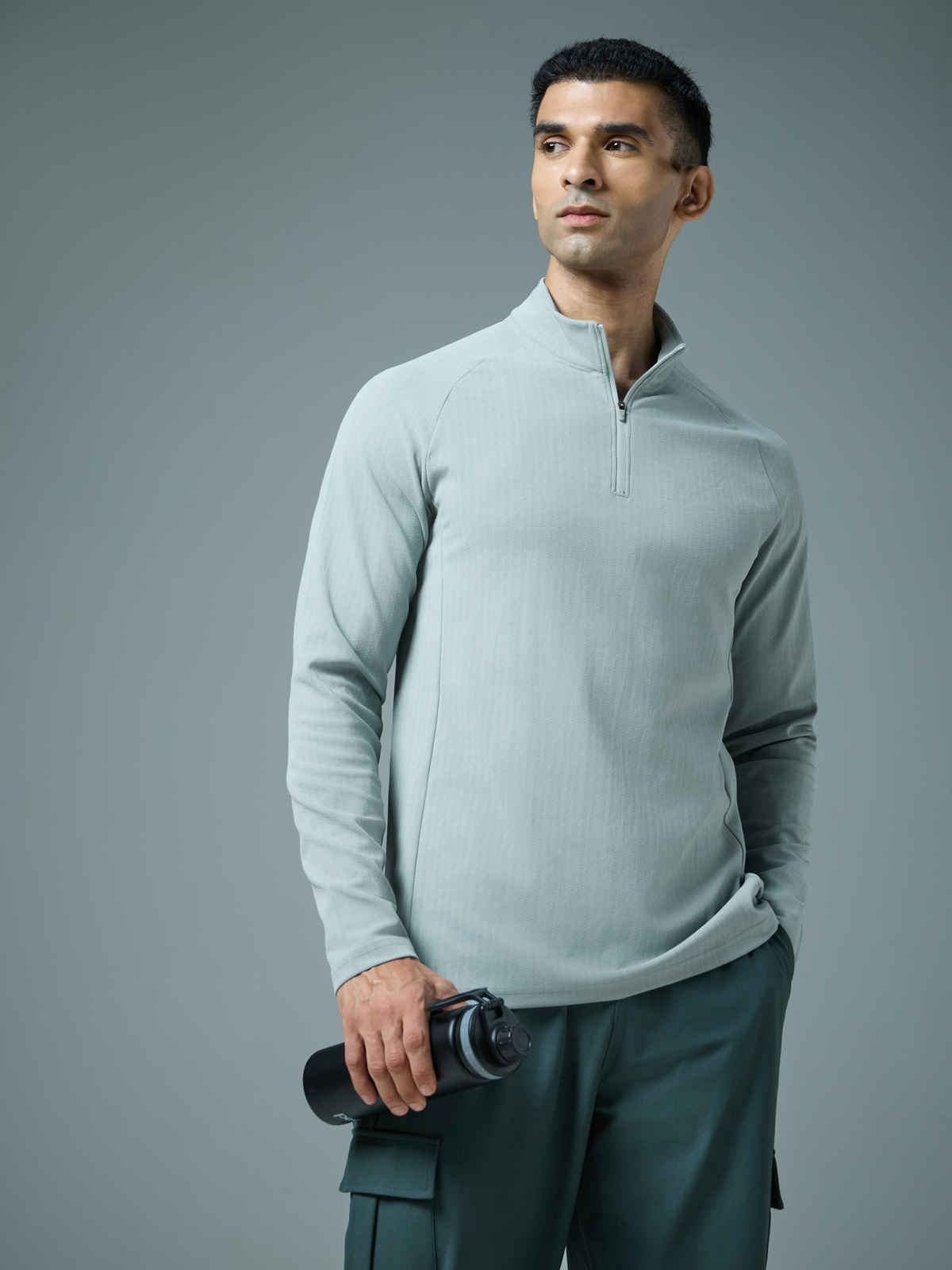 Technosport Men's Solid Slim Fit Mock Neck Sports T-Shirt with ELASTO PLUS | Aqua Grey | M