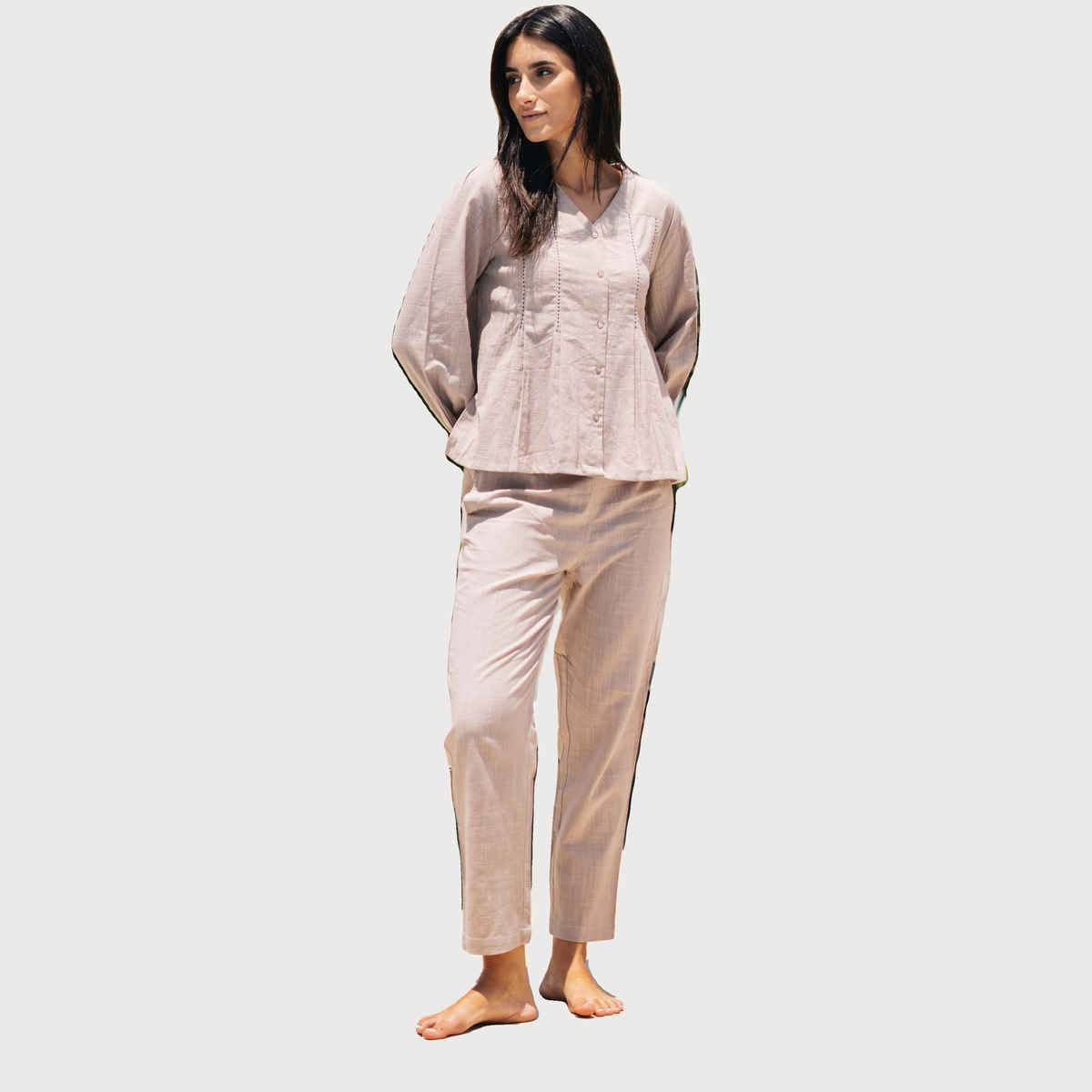 Sanskrutihomes V-Neck Pure Cotton Night Suit | Light Pink | S