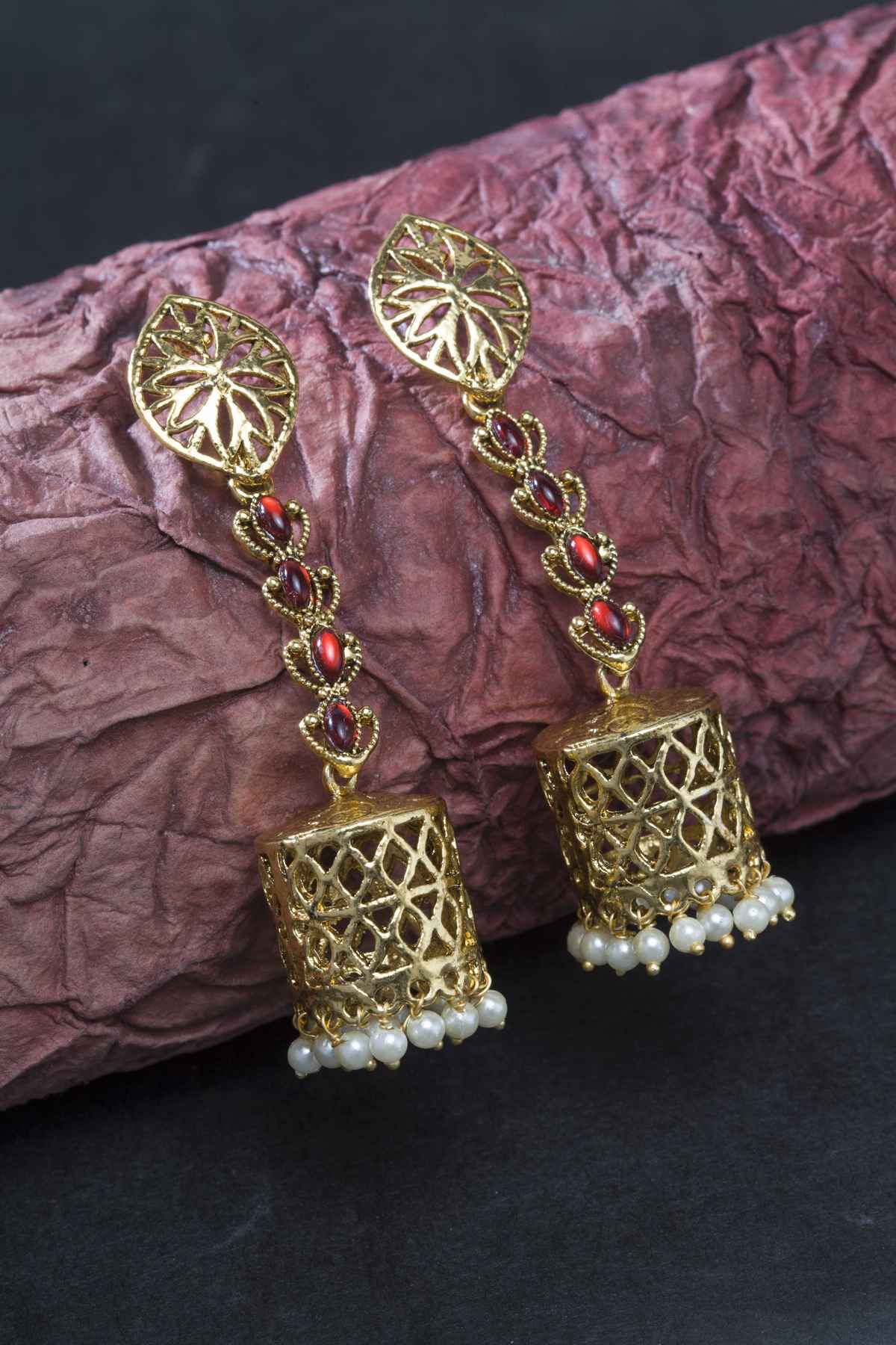 Priyaasi Gold-Plated Stones Studded Jhumka Earrings with Pearls Drop