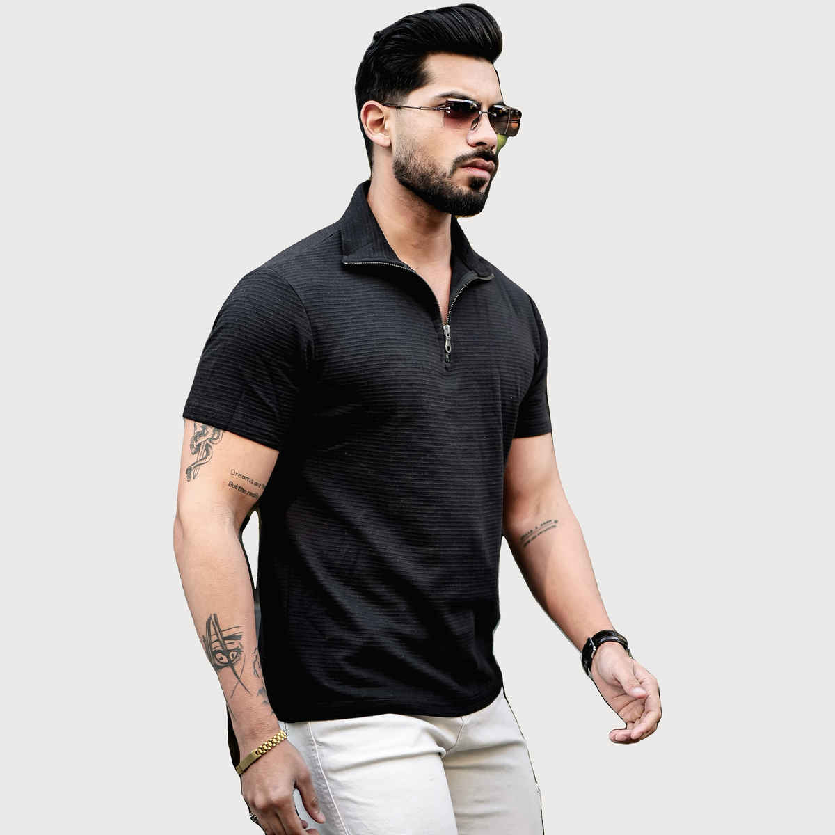 Gritstones Men s Black Self Design Zipper T-shirt | M