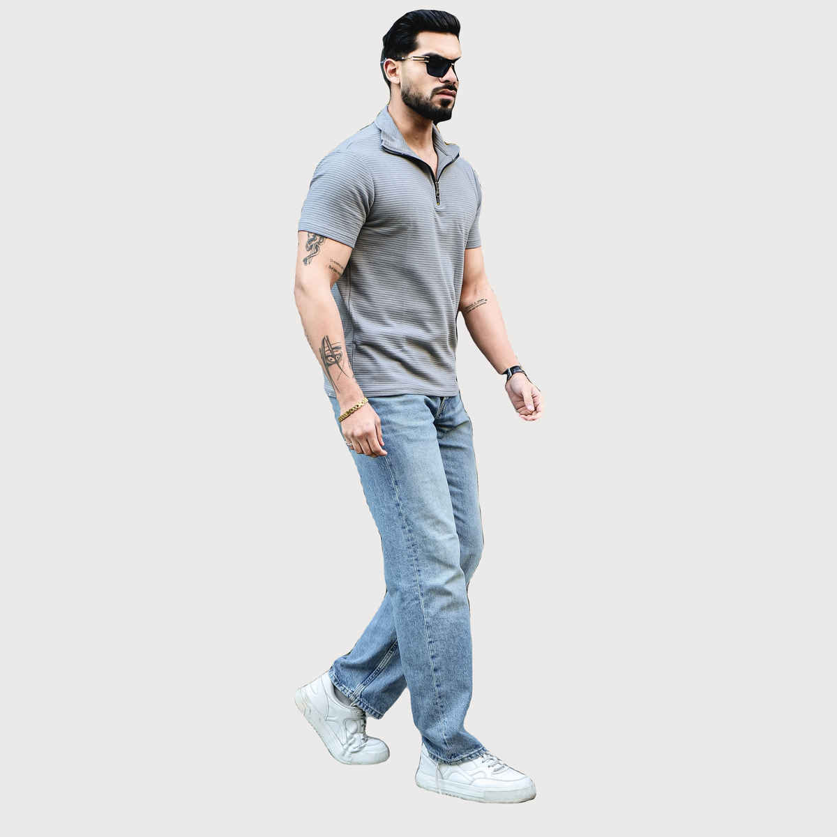 Gritstones Men s Grey Self Design Zipper T-shirt | XXL