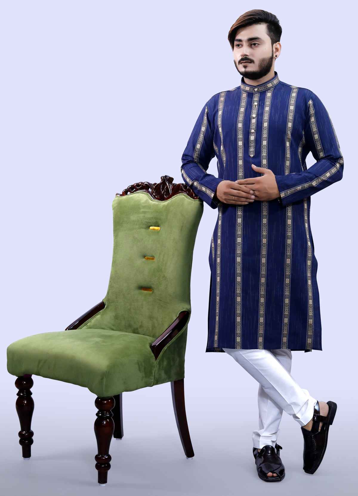 Tibra Collection Men Straight Kurta - Navy | Striped | Cotton Blend | XL