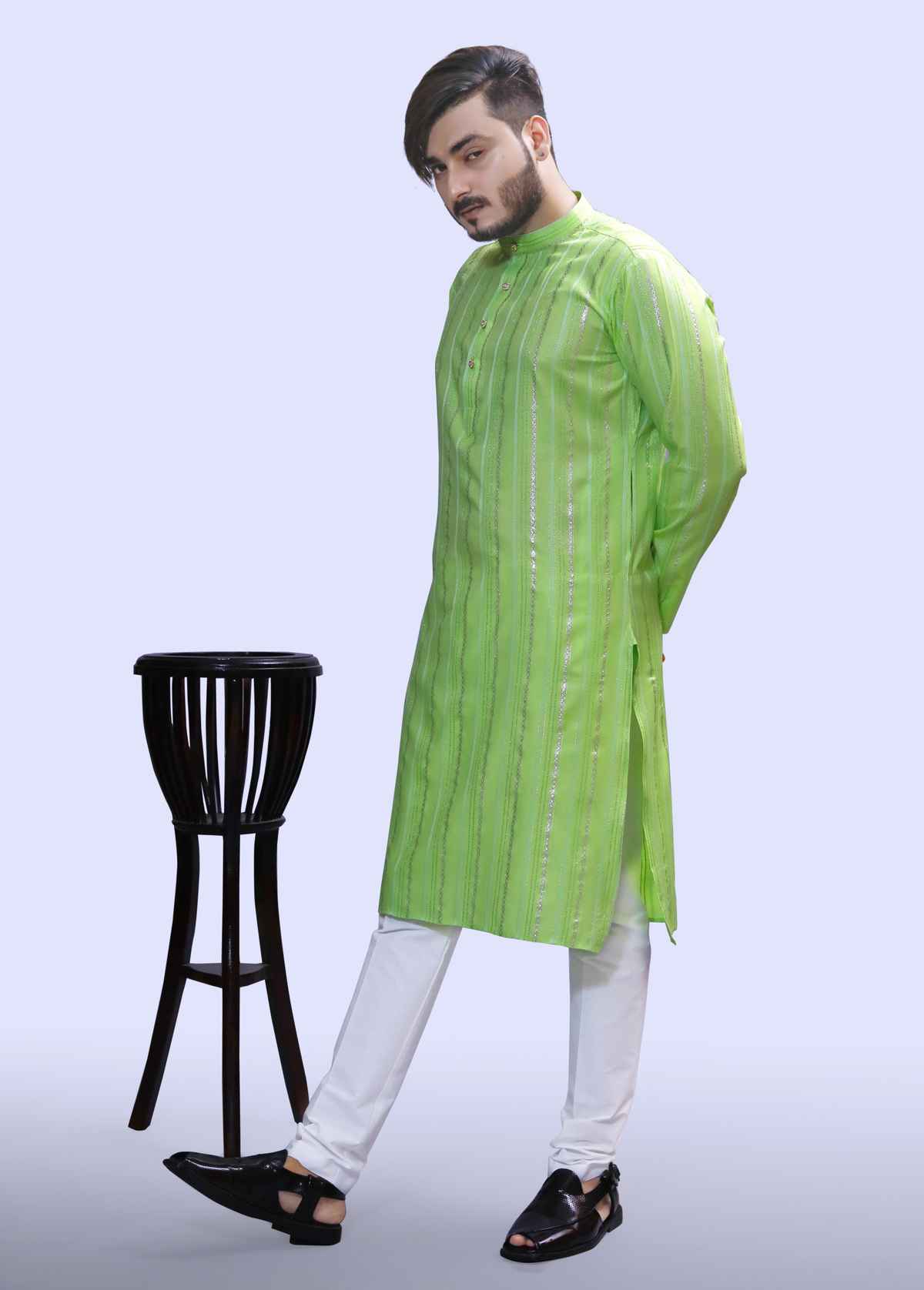 Tibra Collection Men Kurta - Green | Solid | Thin Striped | Cotton Blend | S