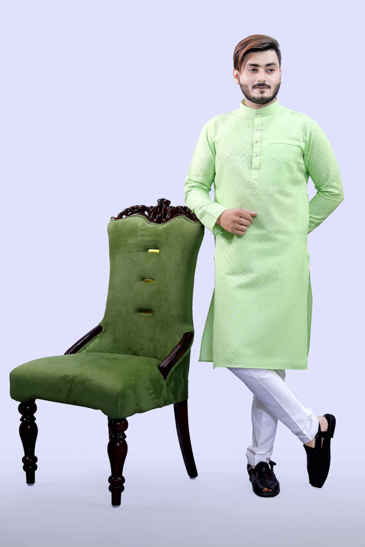 Tibra Collection Men Kurta - Green | Block Pattern | Cotton Blend | XL