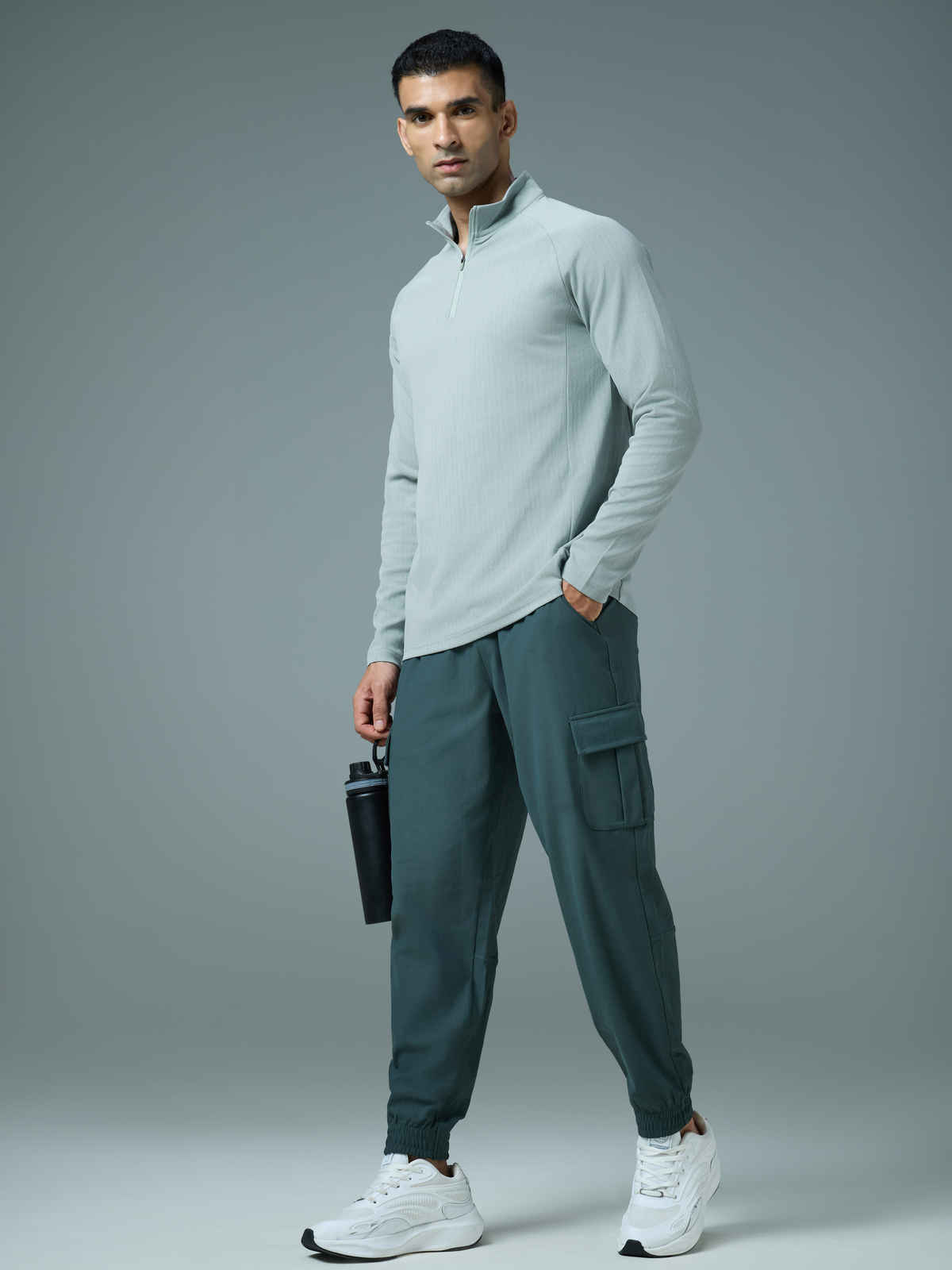 Technosport Men's Solid Slim Fit Mock Neck Sports T-Shirt with ELASTO PLUS | Aqua Grey | XL