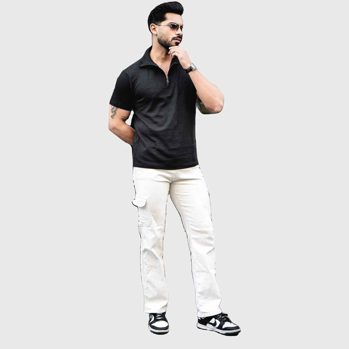Gritstones Men s Black Self Design Zipper T-shirt | M