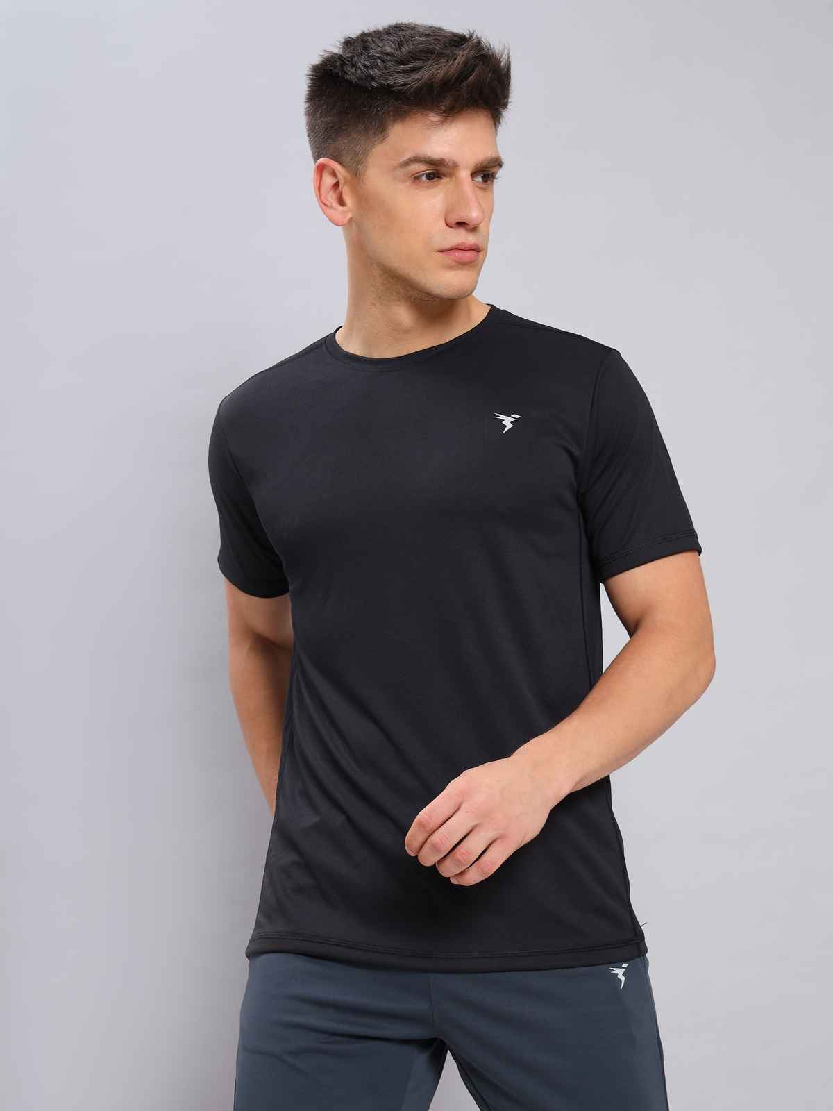 Technosport Men's Poly Solid Slim Fit Round Neck Sports T-shirt | Black - L