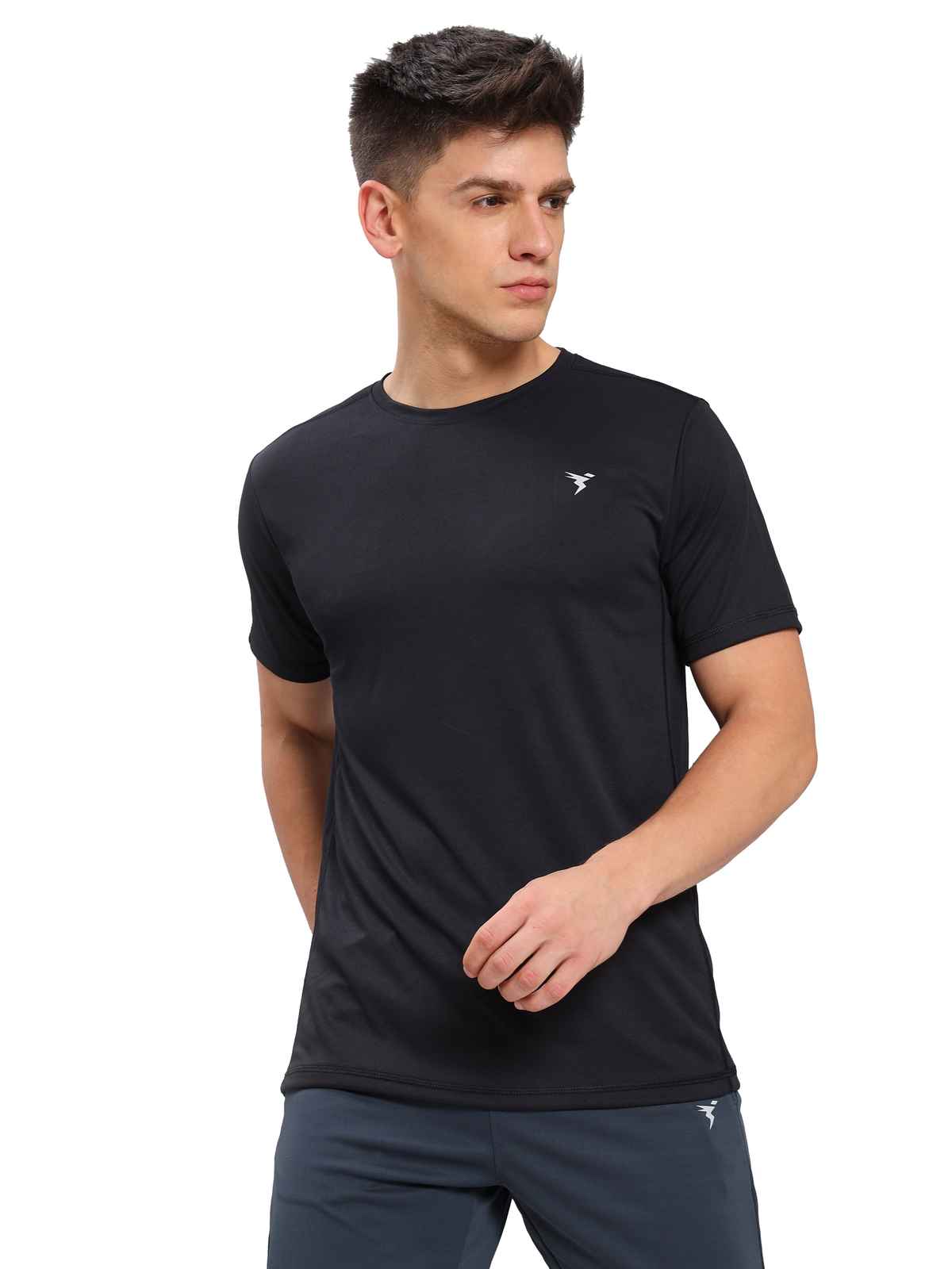 Technosport Men's Poly Solid Slim Fit Round Neck Sports T-shirt | Black - L