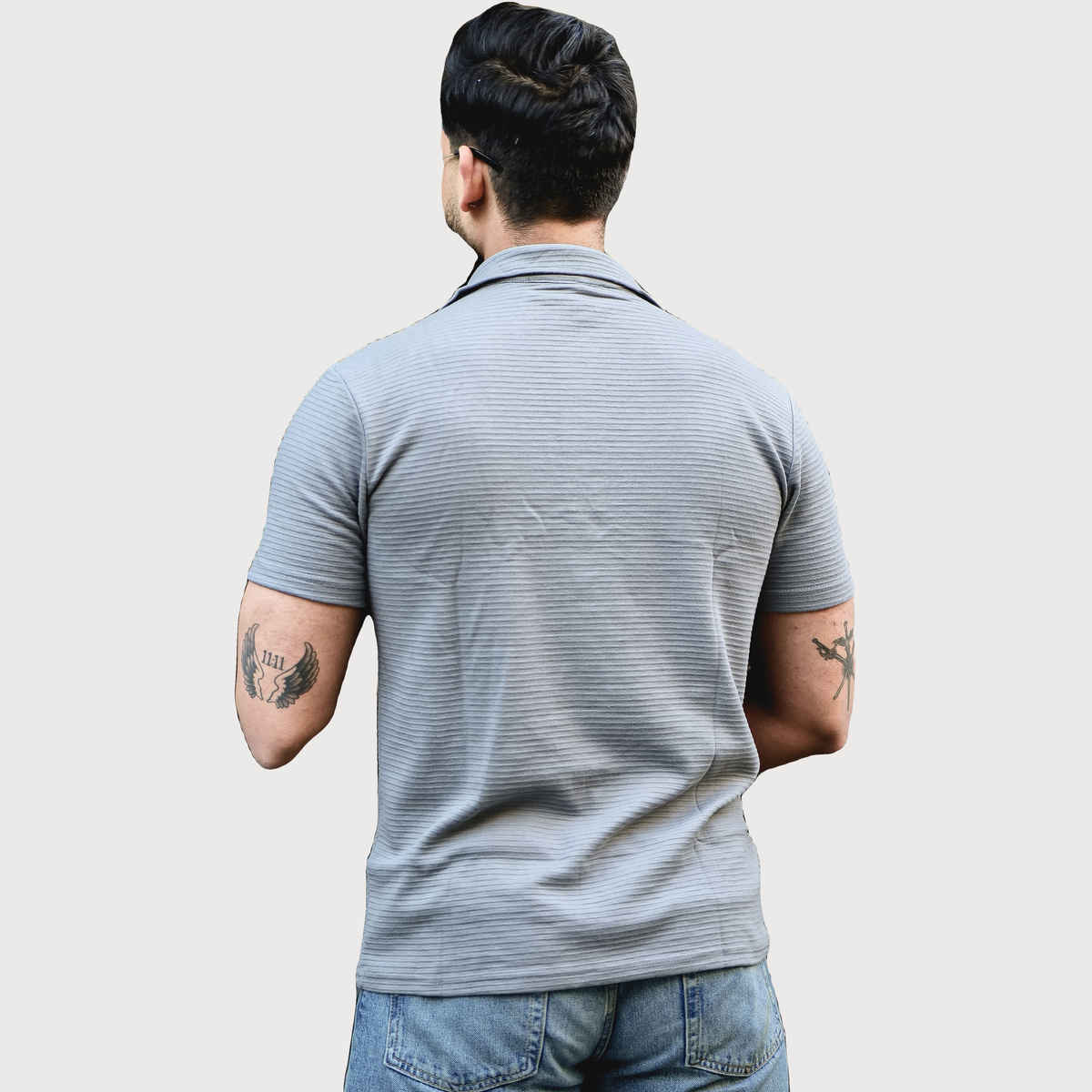 Gritstones Men s Grey Self Design Zipper T-shirt | XXL