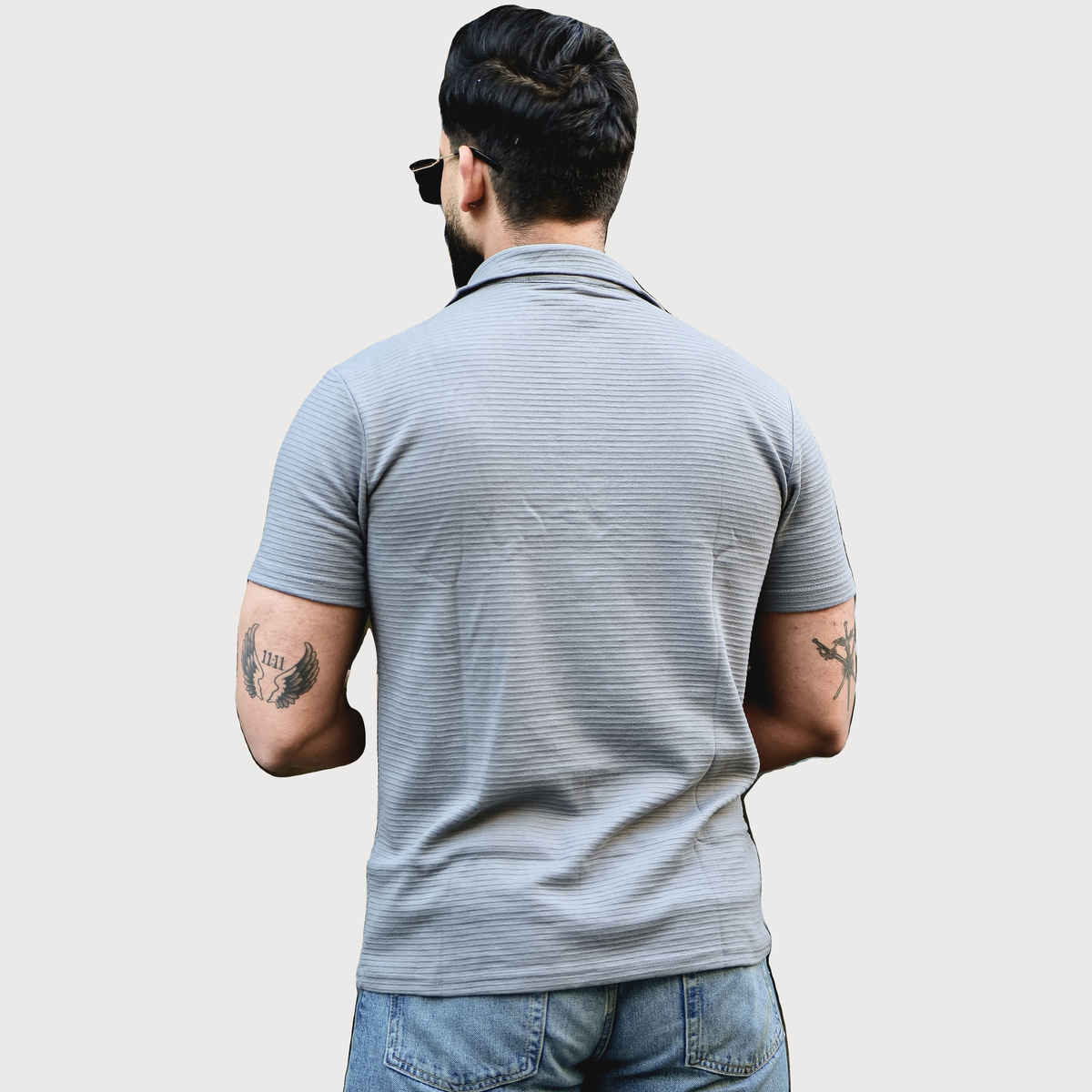 Gritstones Men s Grey Self Design Zipper T-shirt | L