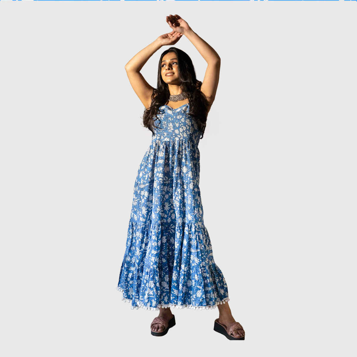 Divena Women s Indigo Floral Printed Shoulder Strip Long Dress | DK0694 | M