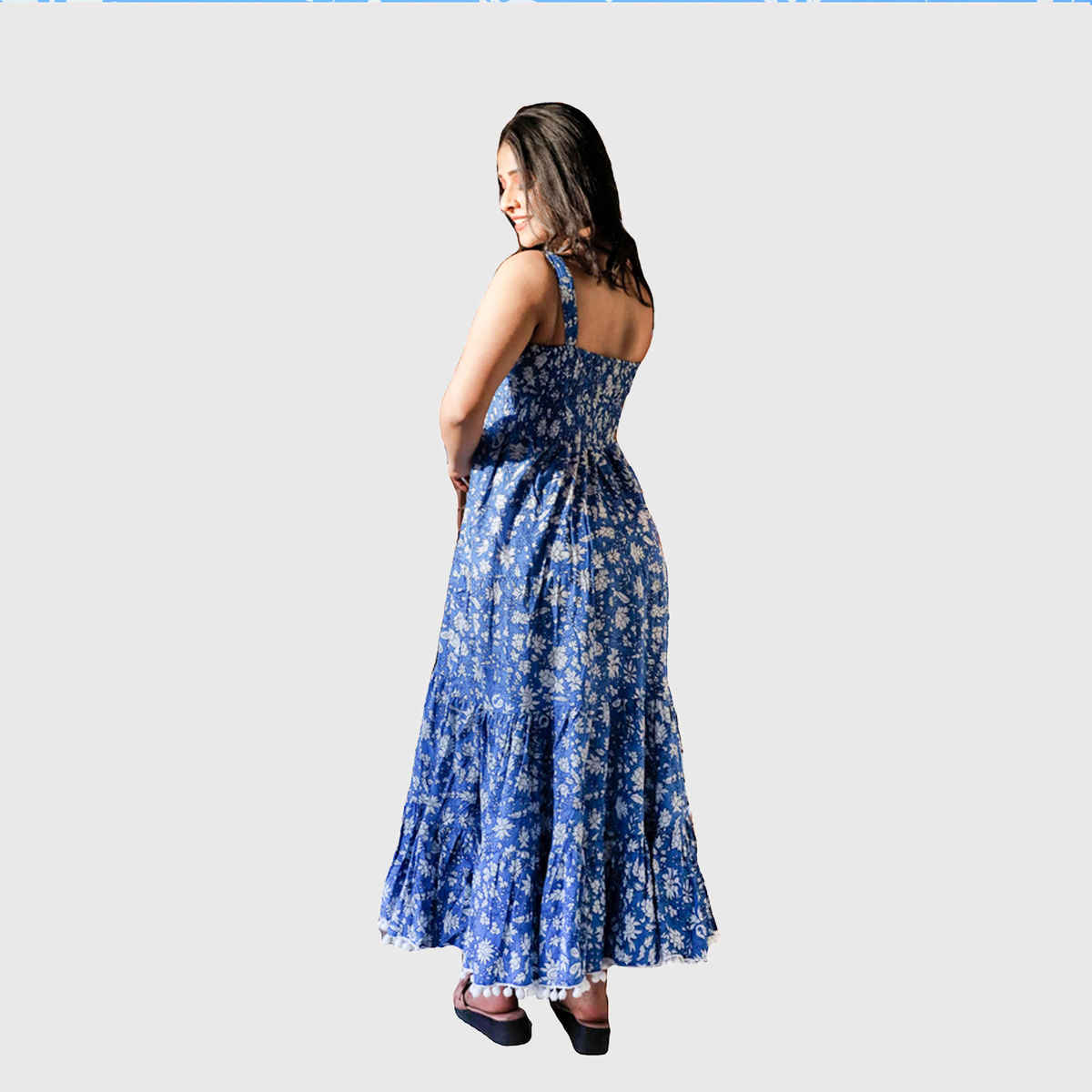Divena Women s Indigo Floral Printed Shoulder Strip Long Dress | DK0694 | M